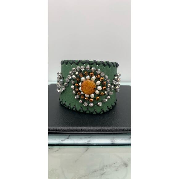 Faux Leather Hand Beaded Cuff Thick Bracelet Snap Closure - Picture 2 of 5